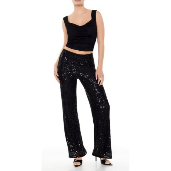 NEW Black Sequin High-Rise Wide-Leg Pants Size S‎ Back Zipper - Picture 2 of 11